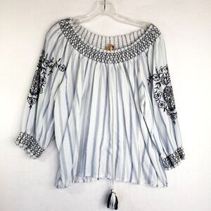 Magnolia Lane Tunic Womens Medium Off Shoulder Embroidered Striped Tassel Blouse